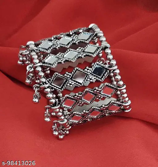 Tehzeeb Creations Women's Silver Colour Oxidised Necklace,Earrings And Bangle In Mirror Design - Swadesiicart