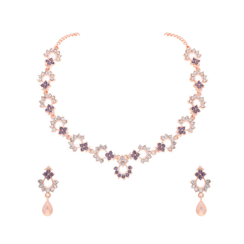 Tehzeeb Creations Gold-Polished Lavender Diamond Necklace With Earrings - Swadesiicart