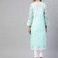ADA Women Turquoise Blue & White Chikankari Embroidered Sustainable Handloom Kurta with Trousers & Inner | Swadesiicart