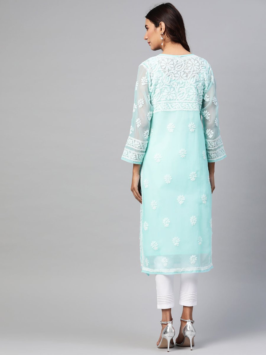 ADA Women Turquoise Blue & White Chikankari Embroidered Sustainable Handloom Kurta with Trousers & Inner | Swadesiicart