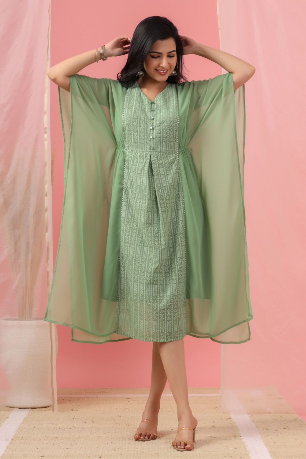 Juniper Womens Sagegreen Embroidered Kaftan | Swadesiicart