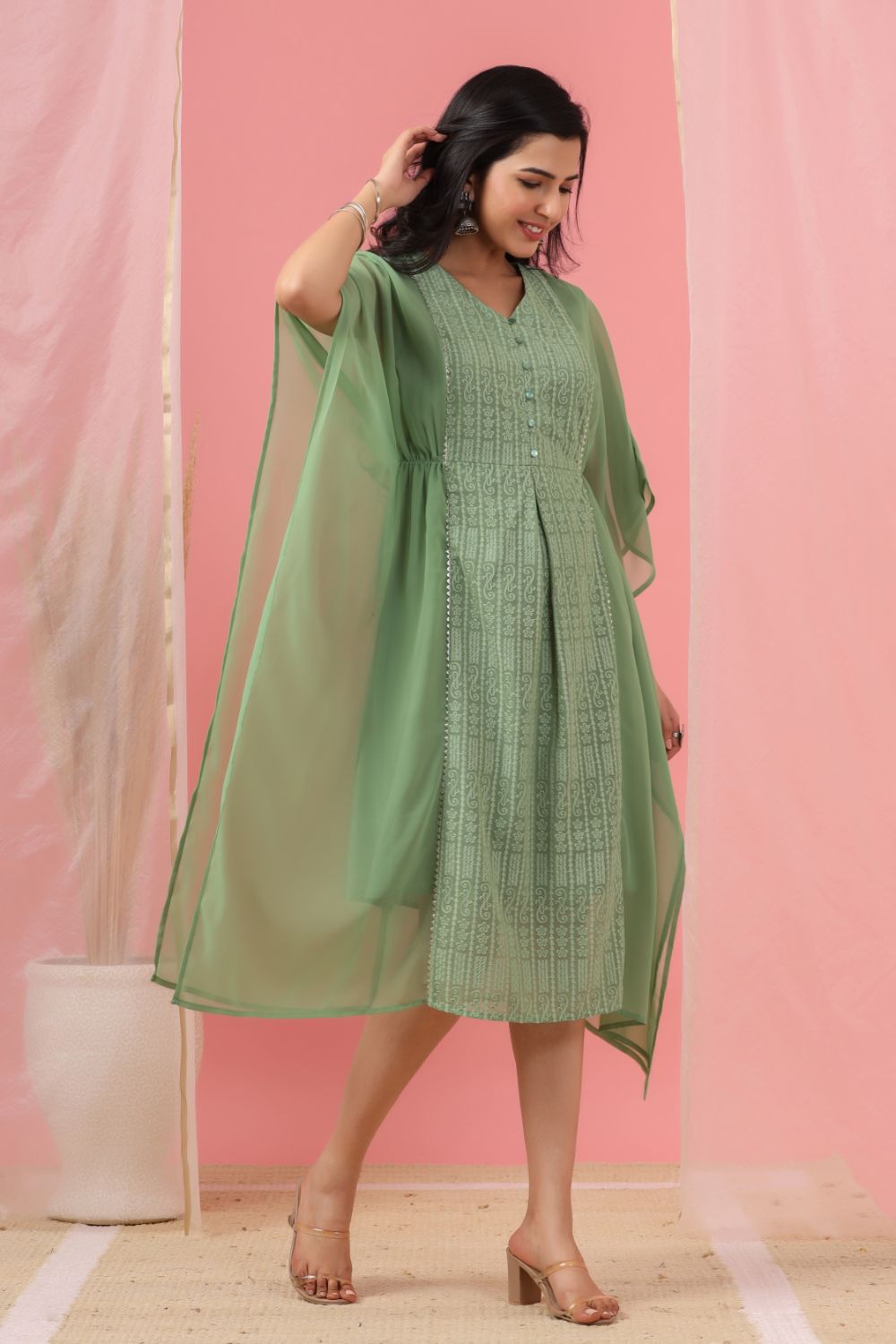 Juniper Womens Sagegreen Embroidered Kaftan | Swadesiicart