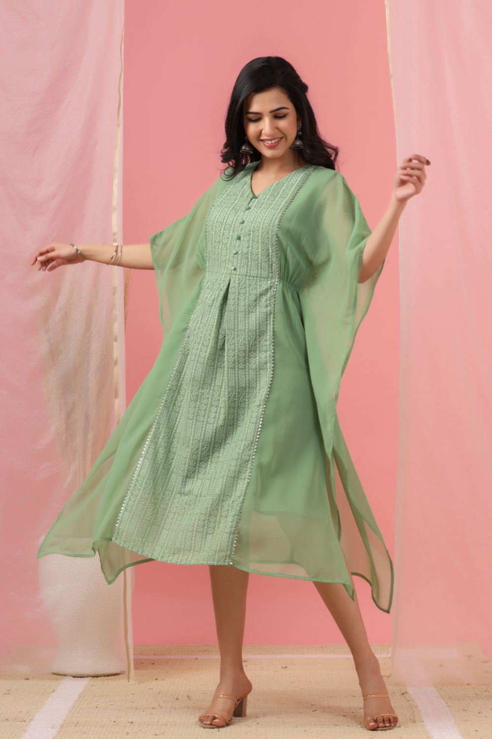 Juniper Womens Sagegreen Embroidered Kaftan | Swadesiicart