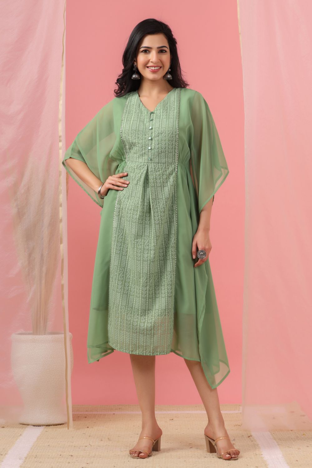 Juniper Womens Sagegreen Embroidered Kaftan | Swadesiicart