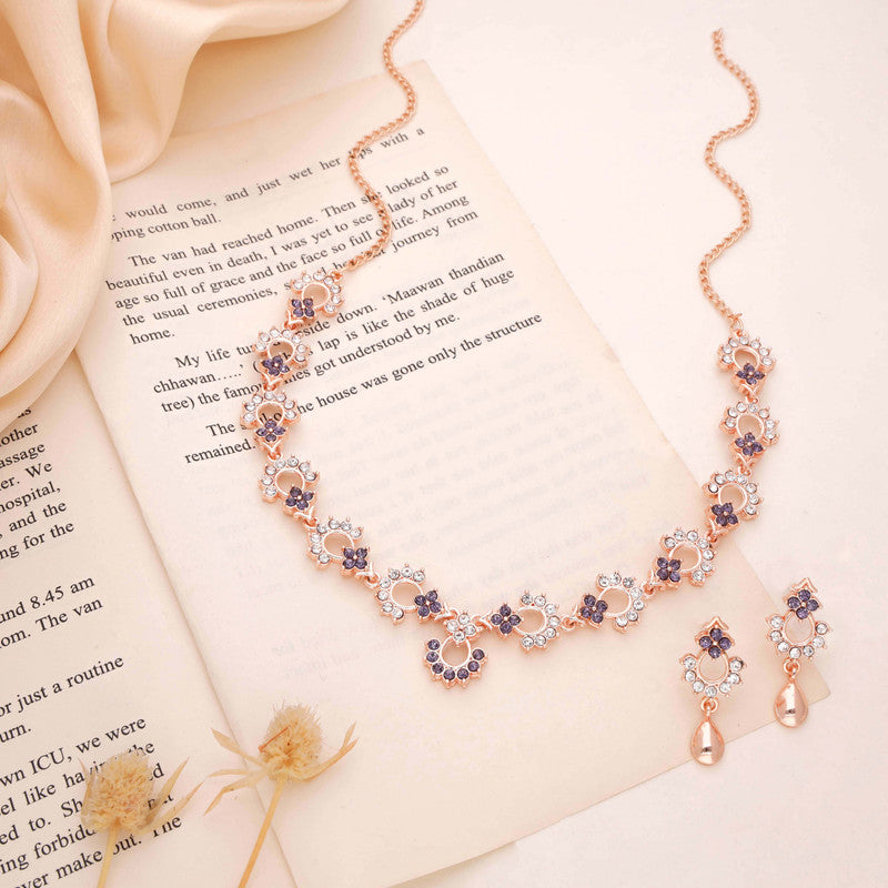 Tehzeeb Creations Gold-Polished Lavender Diamond Necklace With Earrings - Swadesiicart