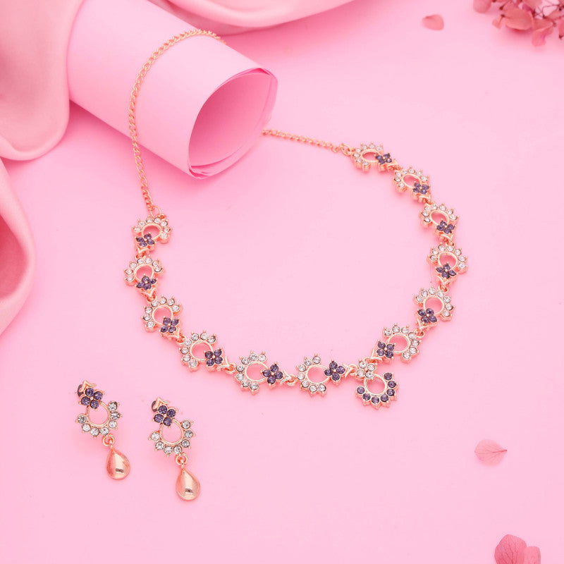 Tehzeeb Creations Gold-Polished Lavender Diamond Necklace With Earrings - Swadesiicart