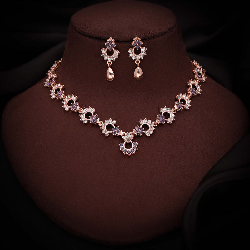Tehzeeb Creations Gold-Polished Lavender Diamond Necklace With Earrings - Swadesiicart