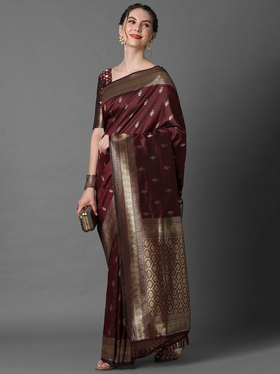 Mitera Brown & Gold-Coloured Ethnic Motifs Woven Design Silk Blend Banarasi Saree | Swadesiicart