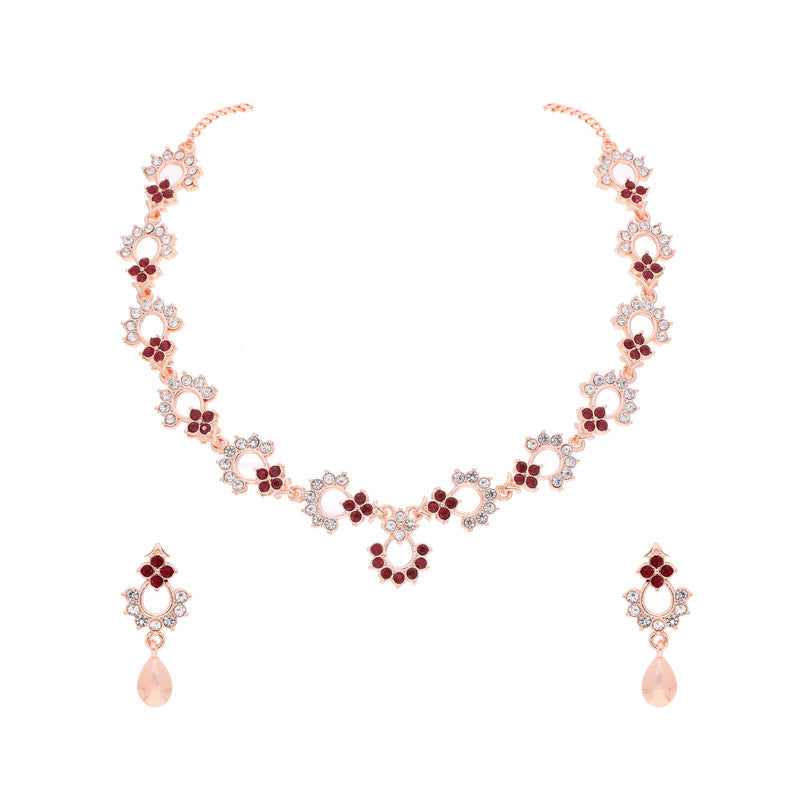 Tehzeeb Creations Gold-Polished Maroon Diamond Necklace With Earrings - Swadesiicart