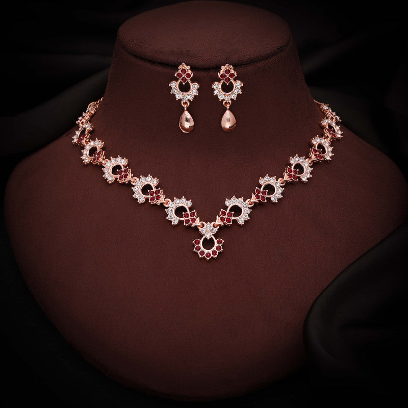 Tehzeeb Creations Gold-Polished Maroon Diamond Necklace With Earrings - Swadesiicart