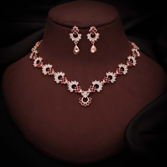 Tehzeeb Creations Gold-Polished Maroon Diamond Necklace With Earrings - Swadesiicart