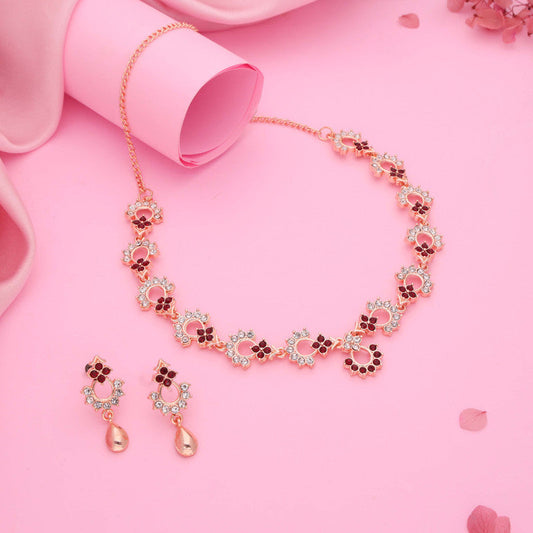 Tehzeeb Creations Gold-Polished Maroon Diamond Necklace With Earrings - Swadesiicart