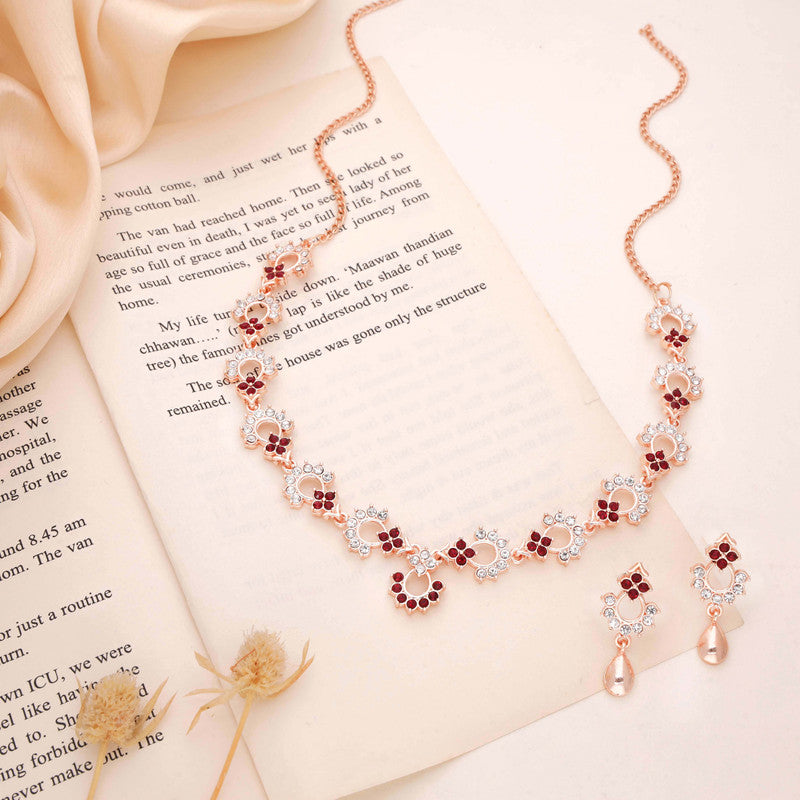 Tehzeeb Creations Gold-Polished Maroon Diamond Necklace With Earrings - Swadesiicart