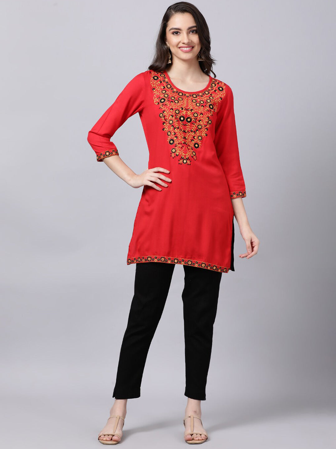 Souchii Women Red Yoke Design Thread Work Grandeur & Majestic Artwork Kurta - SOUCHII