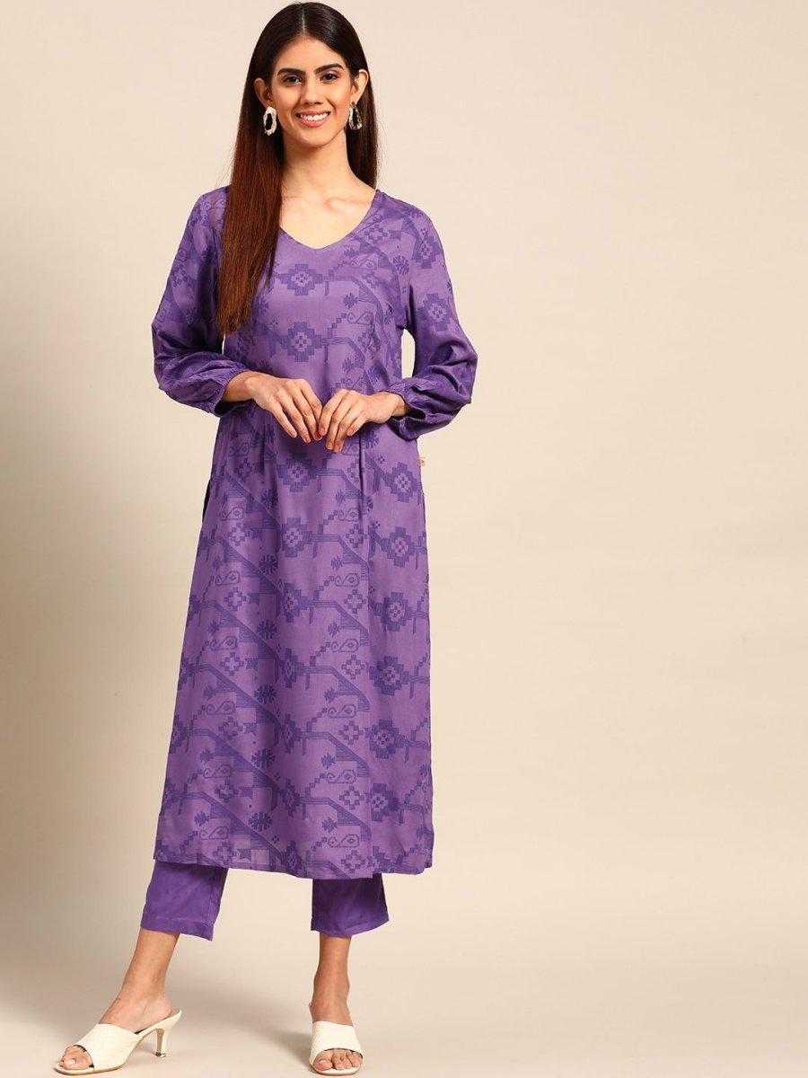 Anouk Women Purple Ethnic Motifs Printed Regular A-line Kurta with Trousers - Swadesiicart