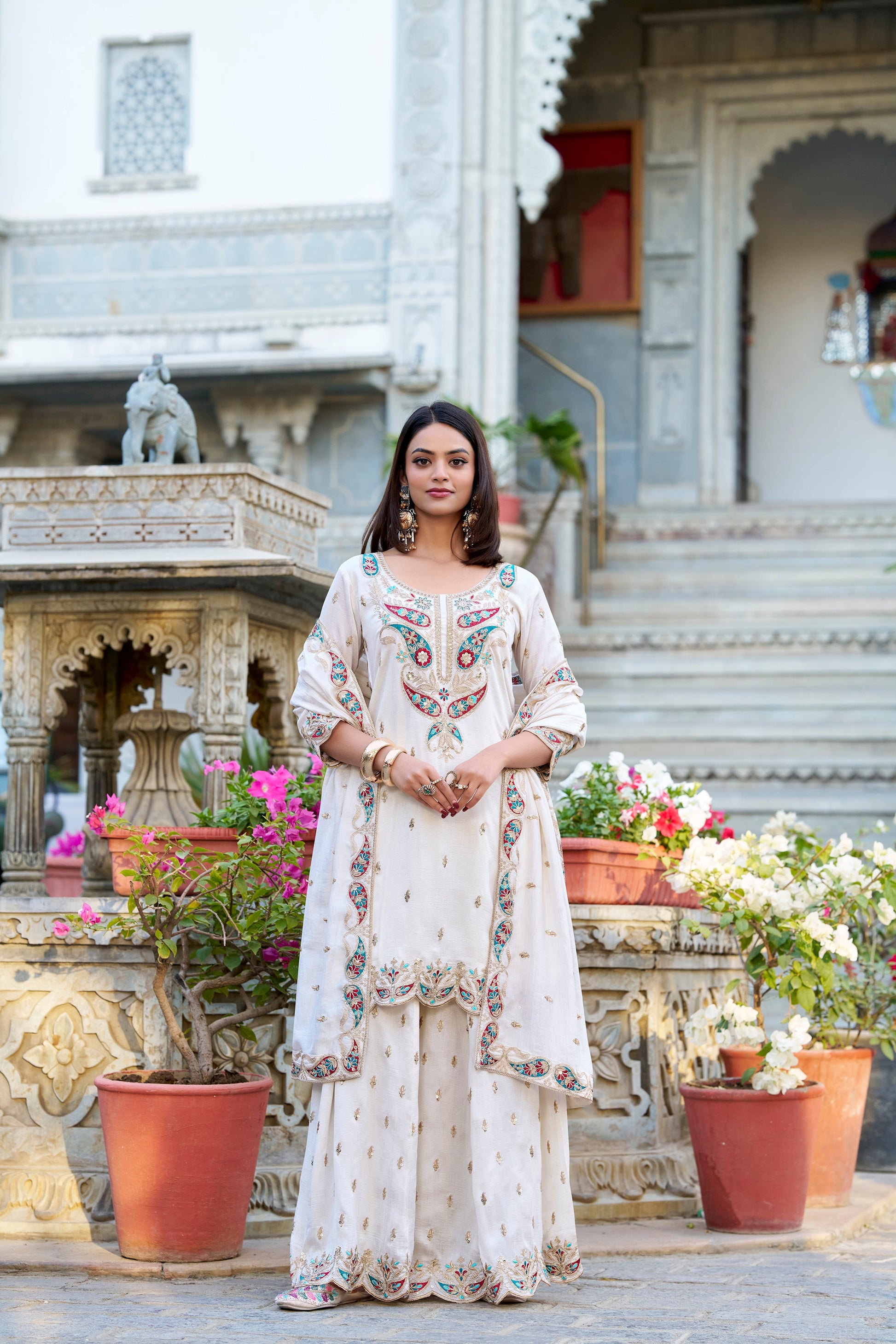 Lorenvalley Vichitra Silk Sequins and Thread Embroidery Work Palazzo Set | Swadesiicart