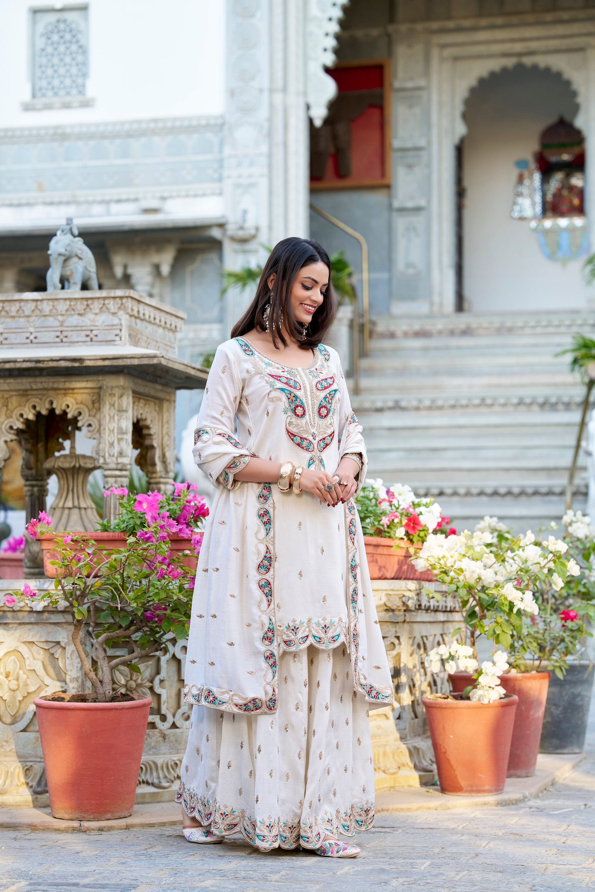 Lorenvalley Vichitra Silk Sequins and Thread Embroidery Work Palazzo Set | Swadesiicart