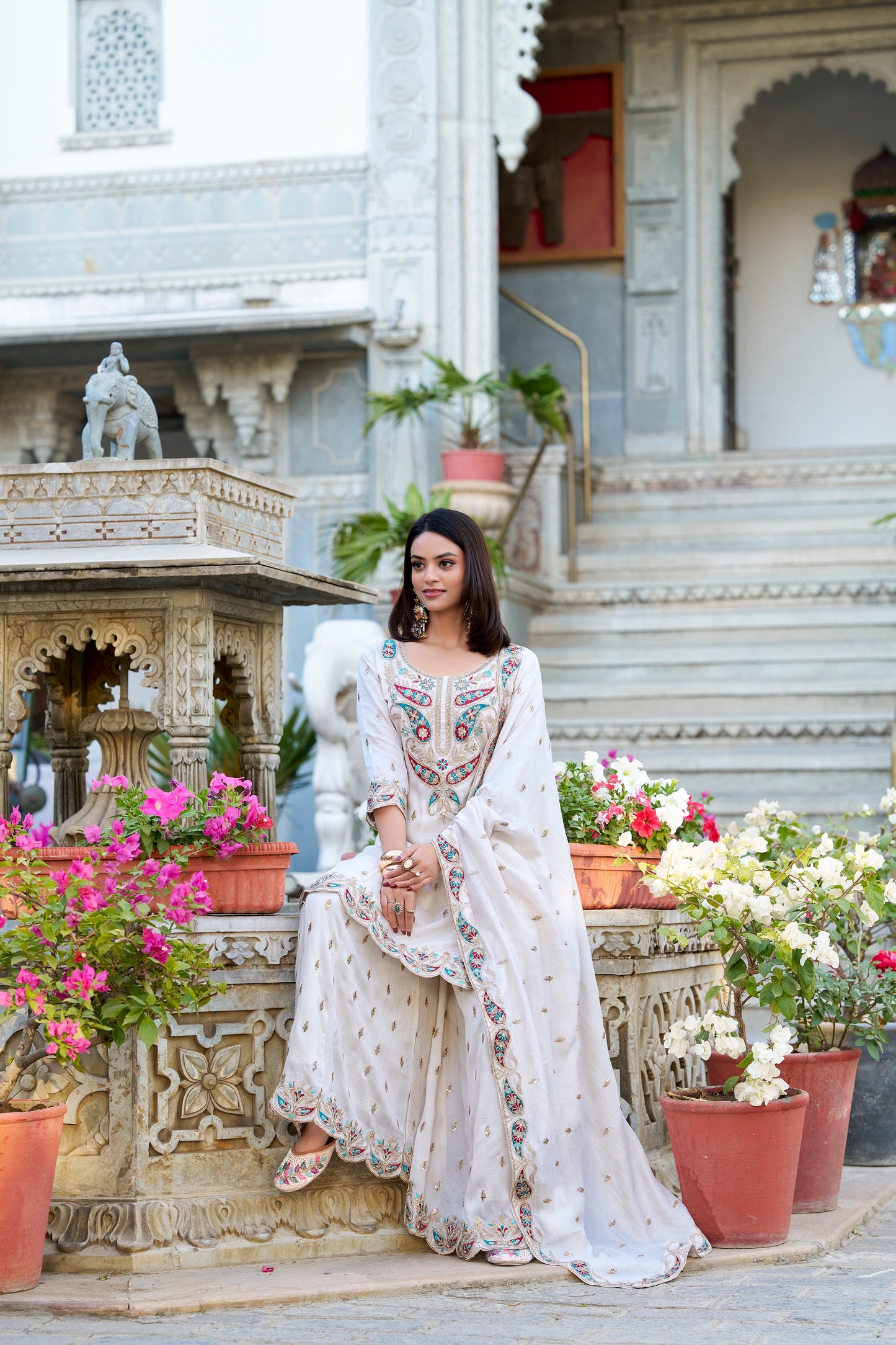 Lorenvalley Vichitra Silk Sequins and Thread Embroidery Work Palazzo Set | Swadesiicart