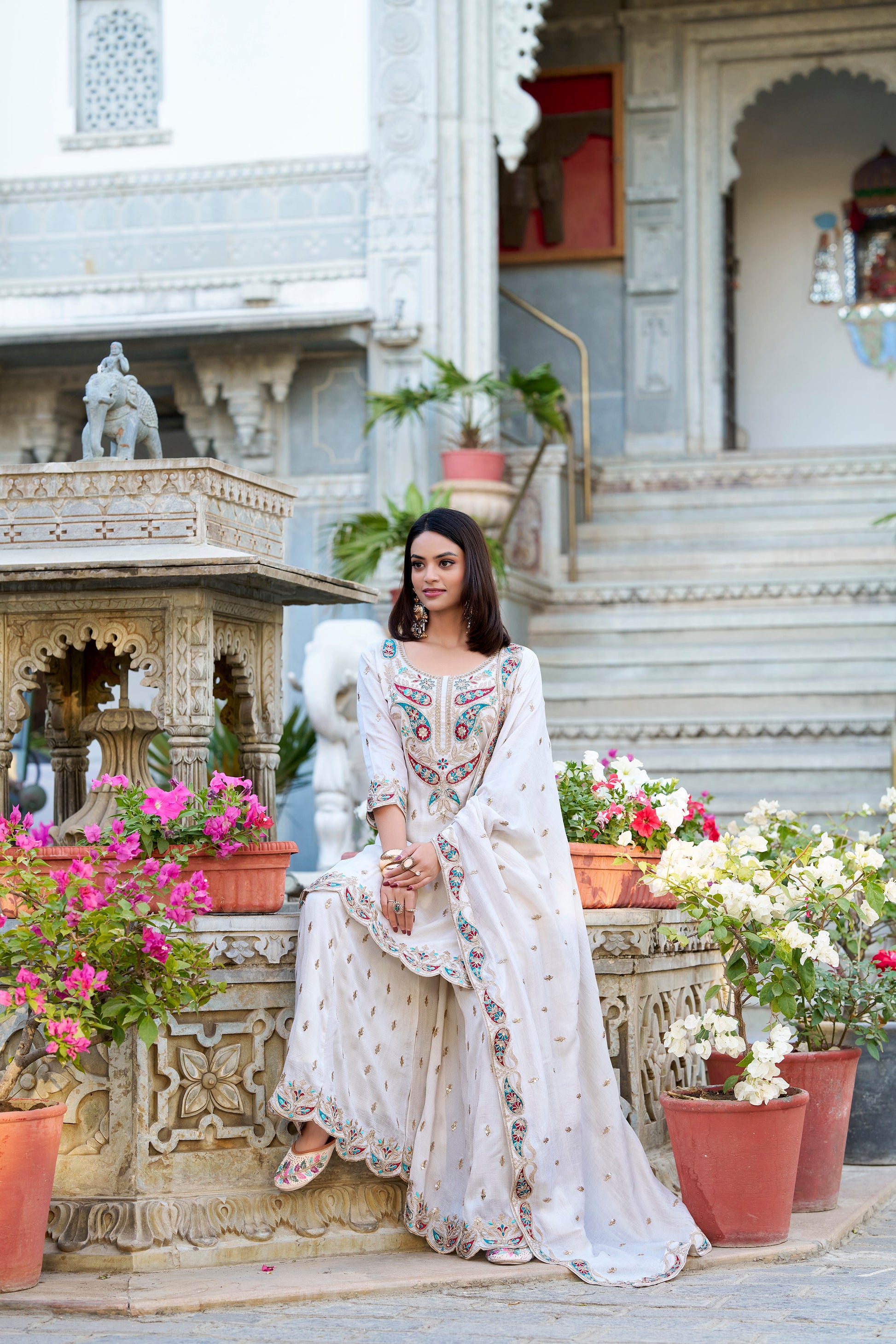 Lorenvalley Vichitra Silk Sequins and Thread Embroidery Work Palazzo Set | Swadesiicart