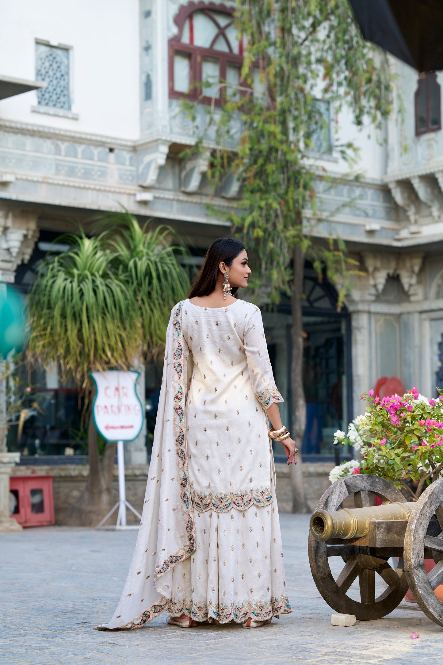 Lorenvalley Vichitra Silk Sequins and Thread Embroidery Work Palazzo Set | Swadesiicart