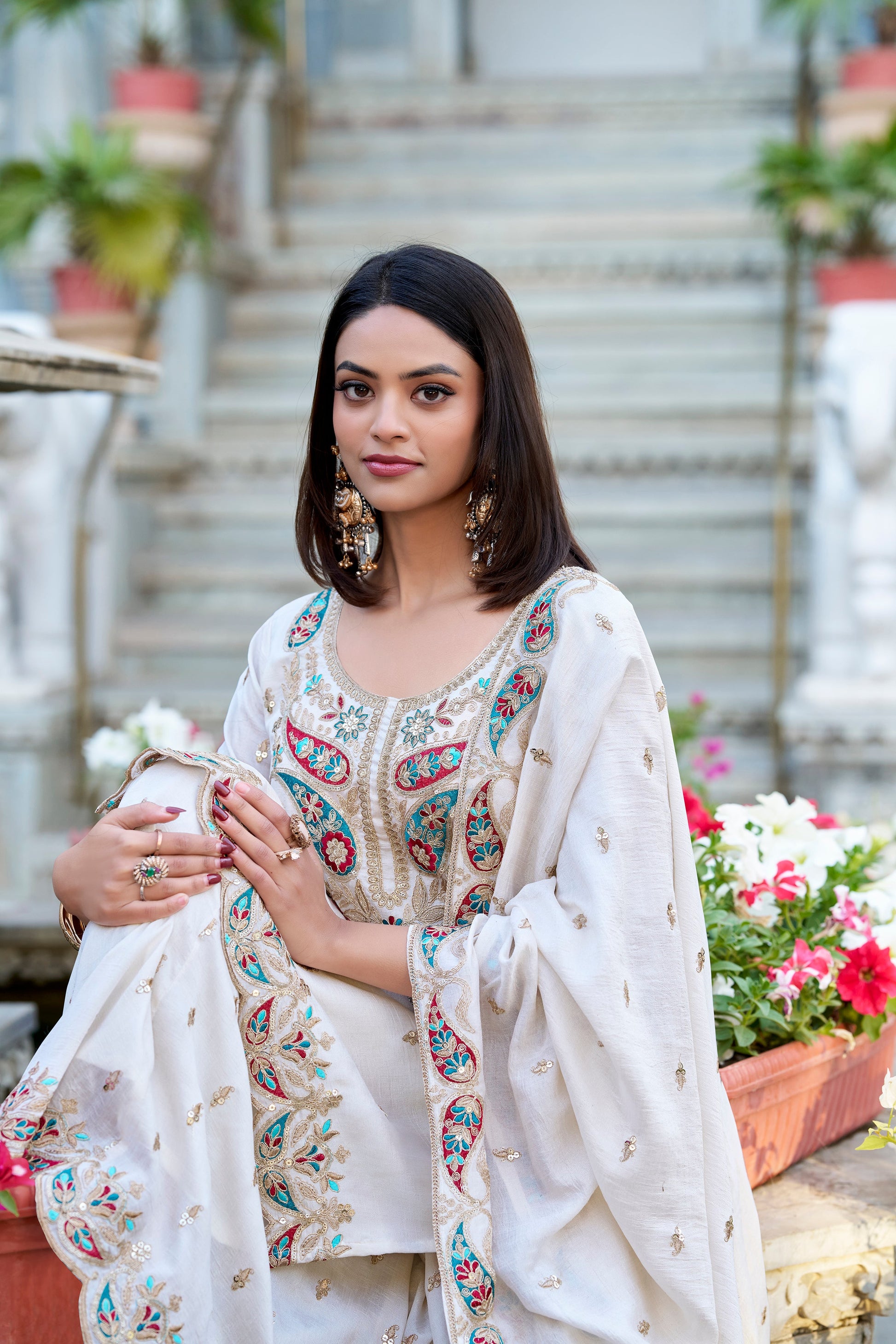 Lorenvalley Vichitra Silk Sequins and Thread Embroidery Work Palazzo Set | Swadesiicart