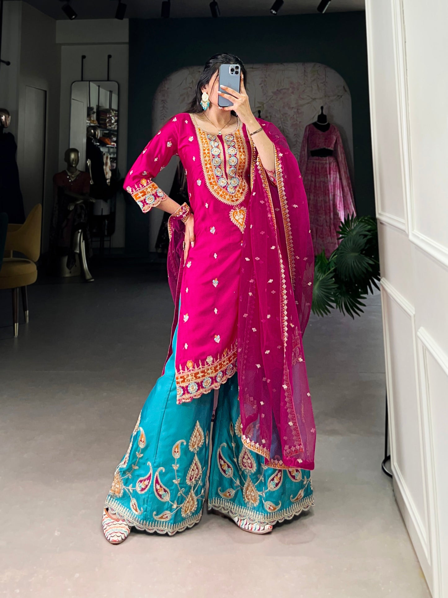 Lorenvalley Pink Lightweight Moonga Silk Sequins and Thread Embroidery Work Palazzo Set | Swadesiicart