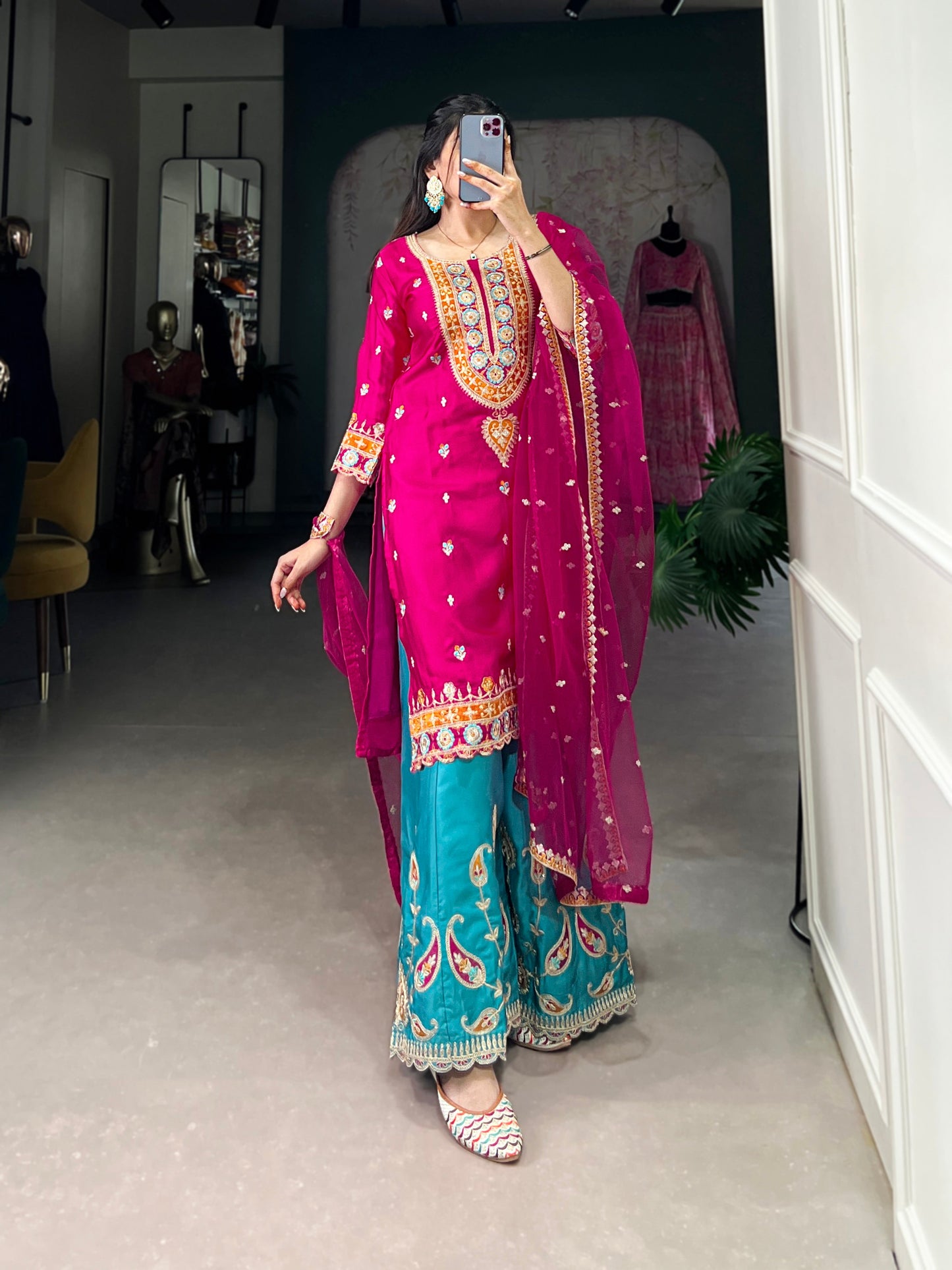 Lorenvalley Pink Lightweight Moonga Silk Sequins and Thread Embroidery Work Palazzo Set | Swadesiicart