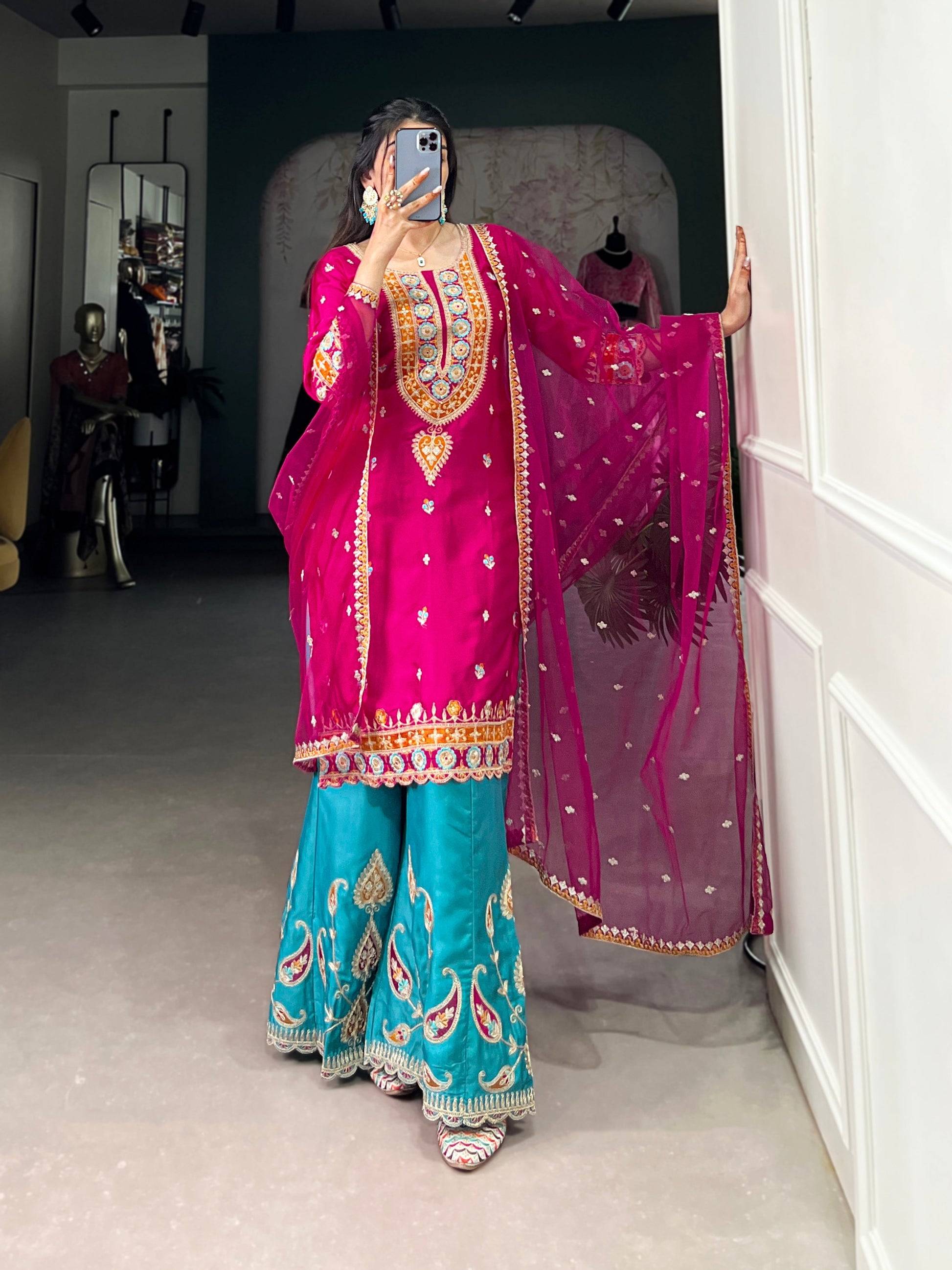 Lorenvalley Pink Lightweight Moonga Silk Sequins and Thread Embroidery Work Palazzo Set | Swadesiicart