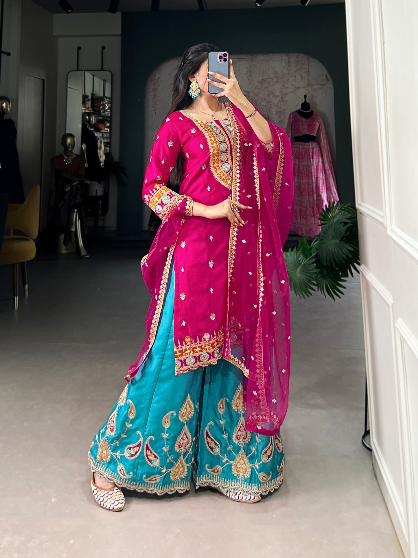 Lorenvalley Pink Lightweight Moonga Silk Sequins and Thread Embroidery Work Palazzo Set | Swadesiicart