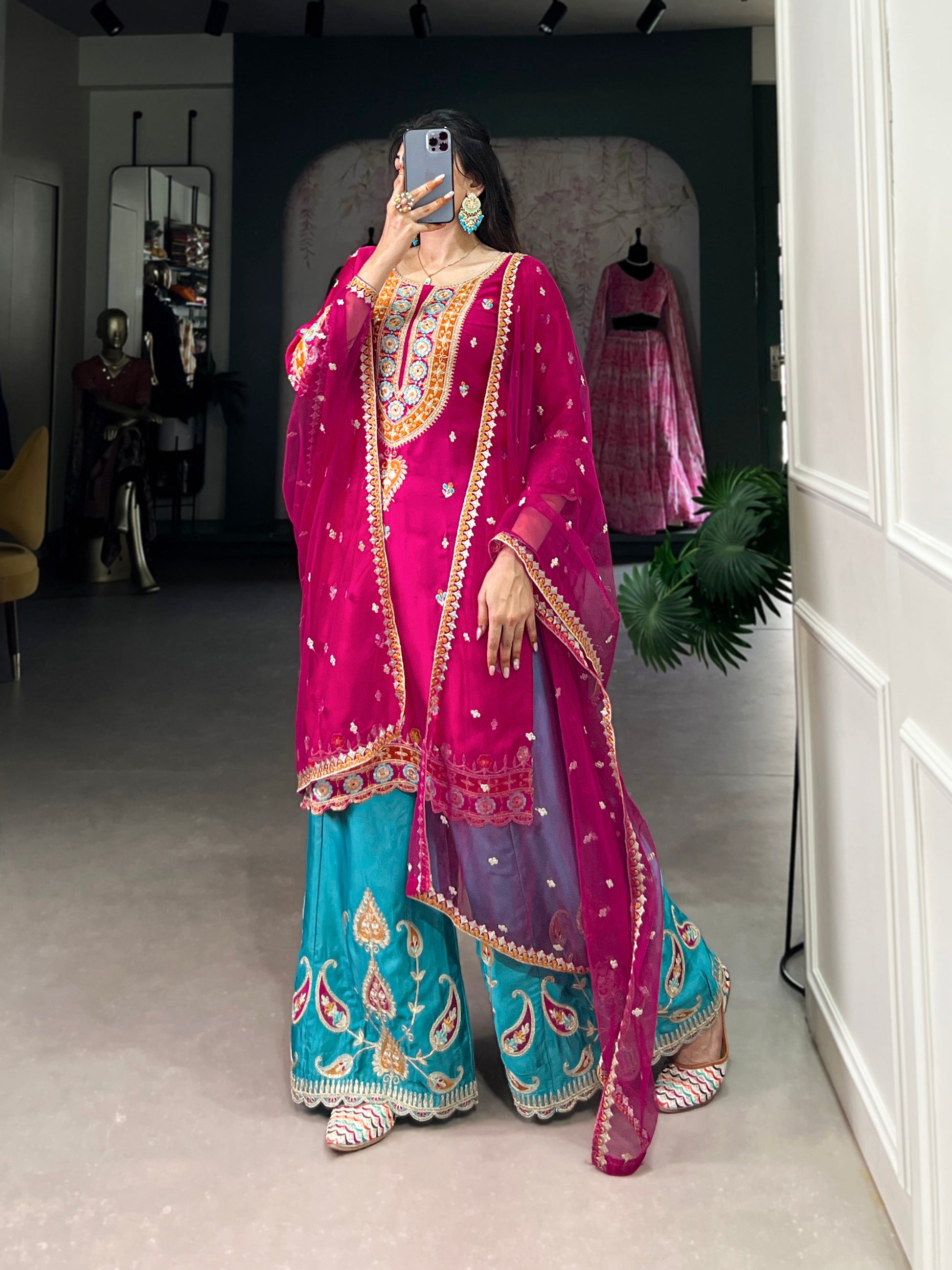 Lorenvalley Pink Lightweight Moonga Silk Sequins and Thread Embroidery Work Palazzo Set | Swadesiicart