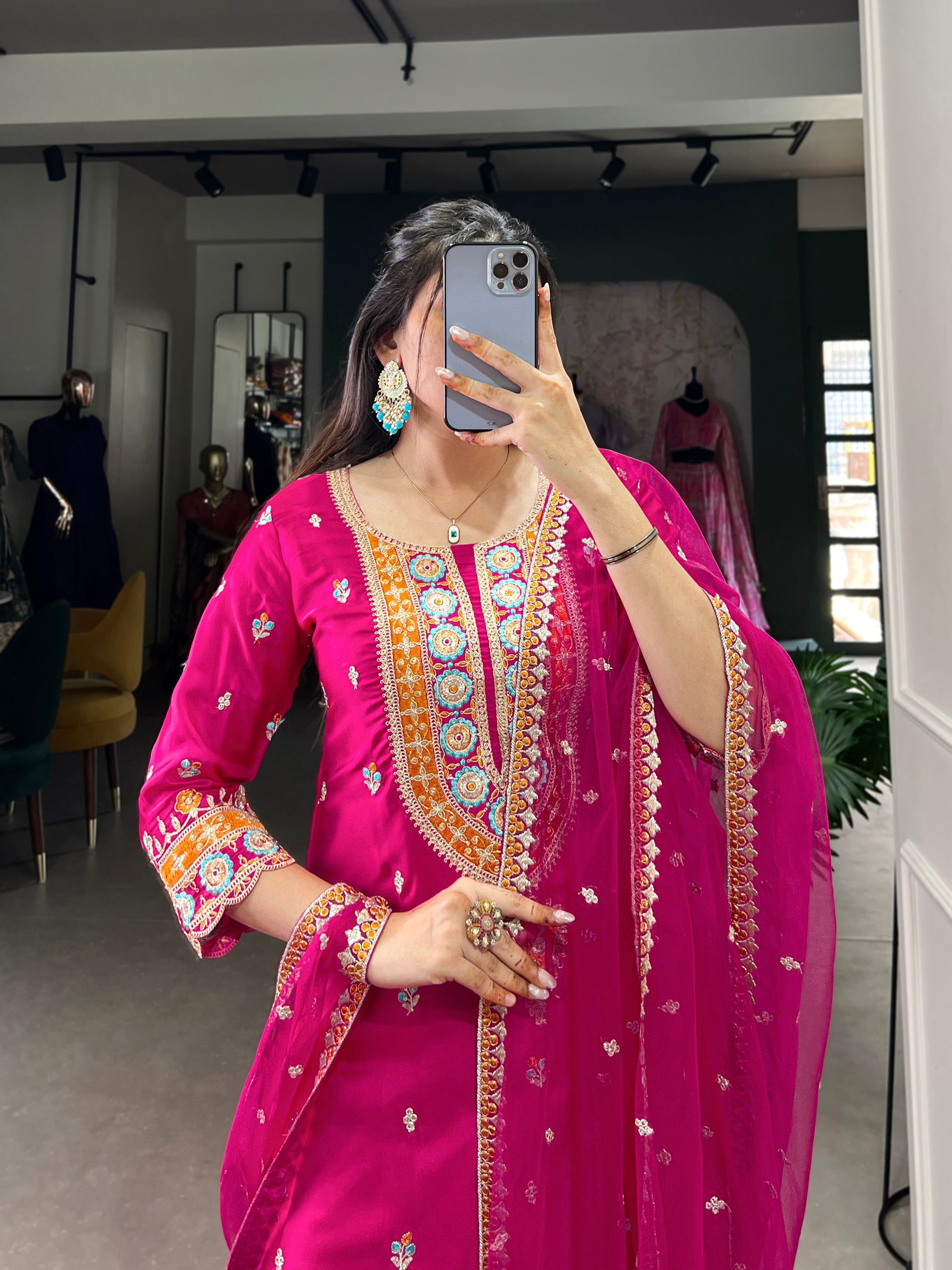 Lorenvalley Pink Lightweight Moonga Silk Sequins and Thread Embroidery Work Palazzo Set | Swadesiicart