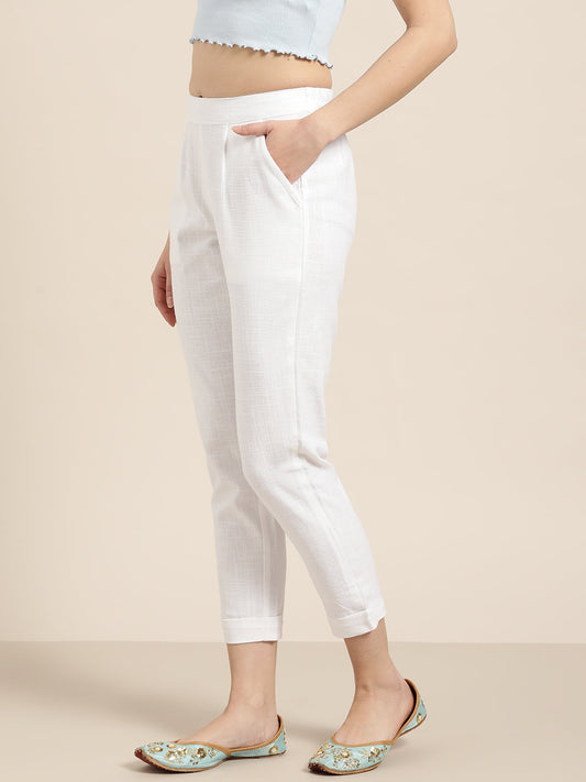 Jaipur Kurti Women White Regular Cropped Trousers | Swadesiicart