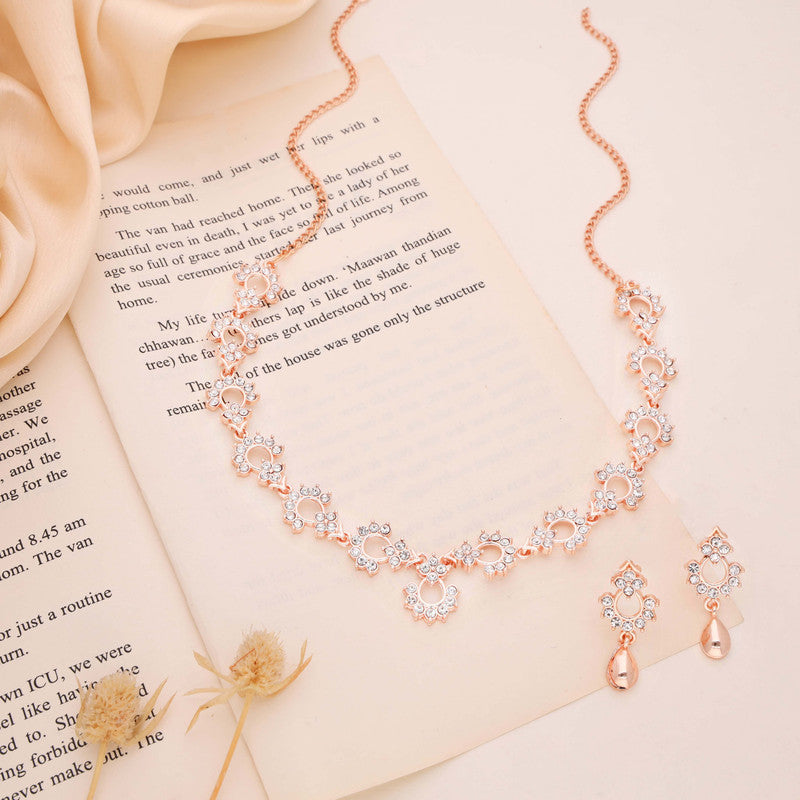 Tehzeeb Creations Gold-Polished White Diamond Necklace With Earrings - Swadesiicart