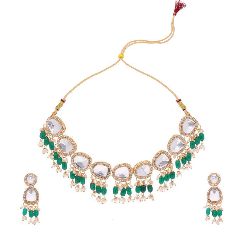 Tehzeeb Creations Gold-Polished Kundan Green Colour Necklace With Earrings - Swadesiicart