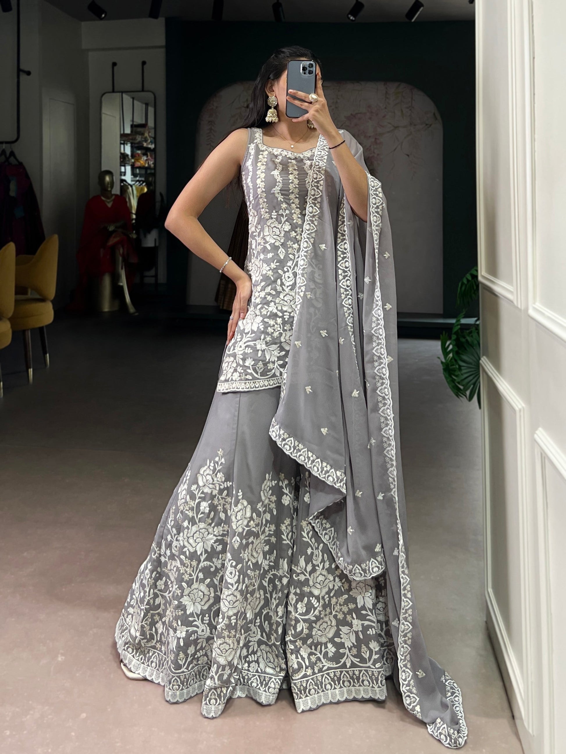 Lorenvalley Fashion Star Georgette Sequins and Thread Embroidery Work Kurta Palazzo Set - Swadesiicart