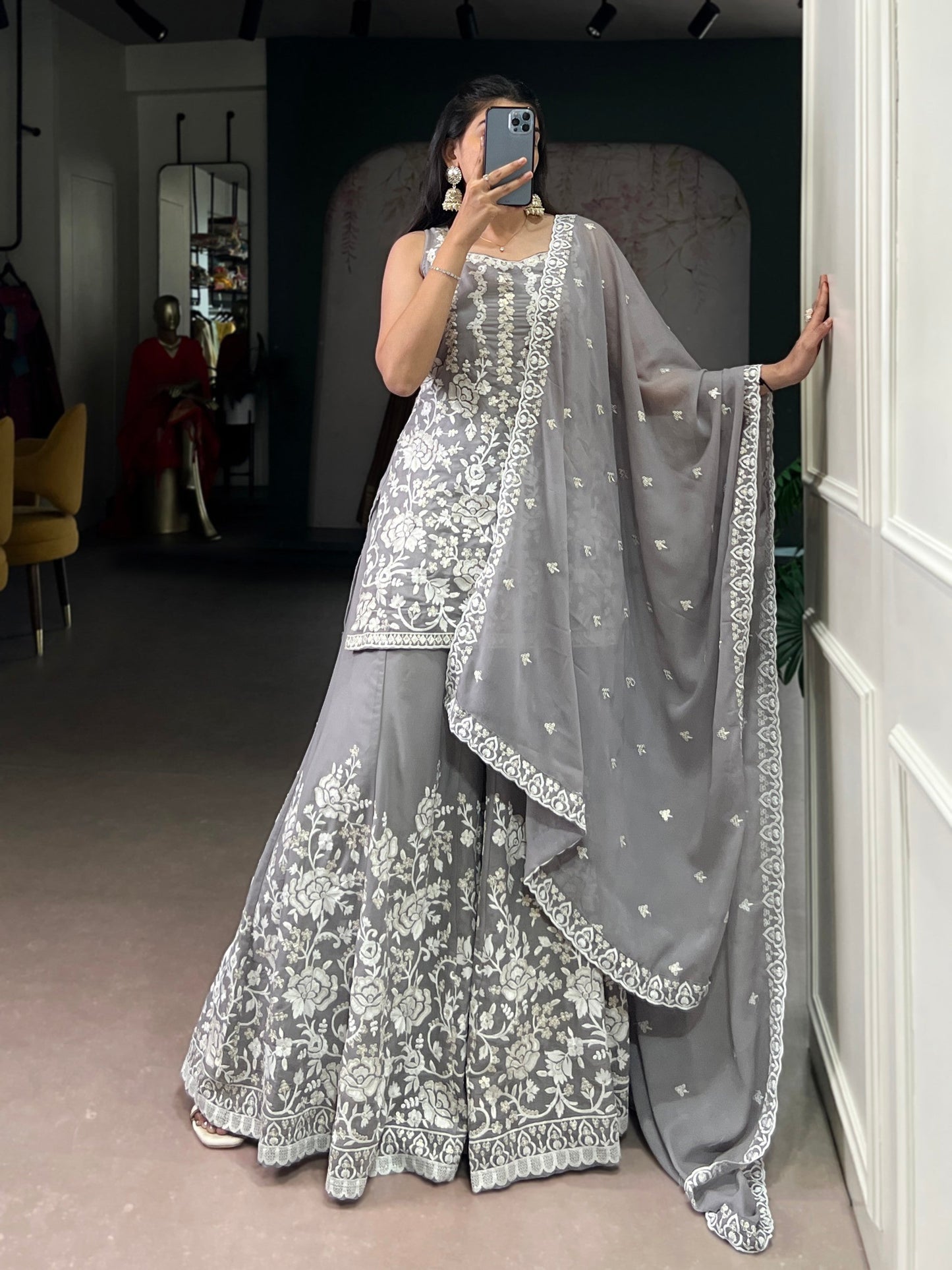 Lorenvalley Fashion Star Georgette Sequins and Thread Embroidery Work Kurta Palazzo Set - Swadesiicart