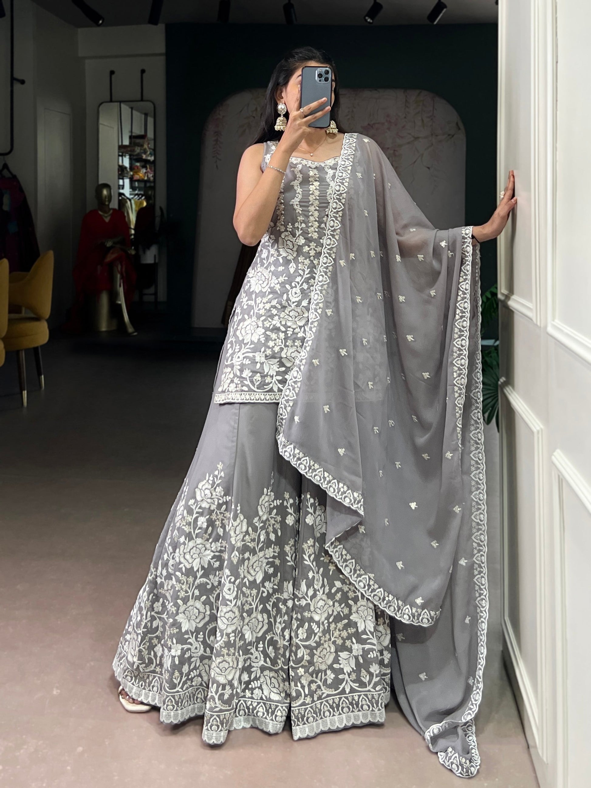 Lorenvalley Fashion Star Georgette Sequins and Thread Embroidery Work Kurta Palazzo Set - Swadesiicart