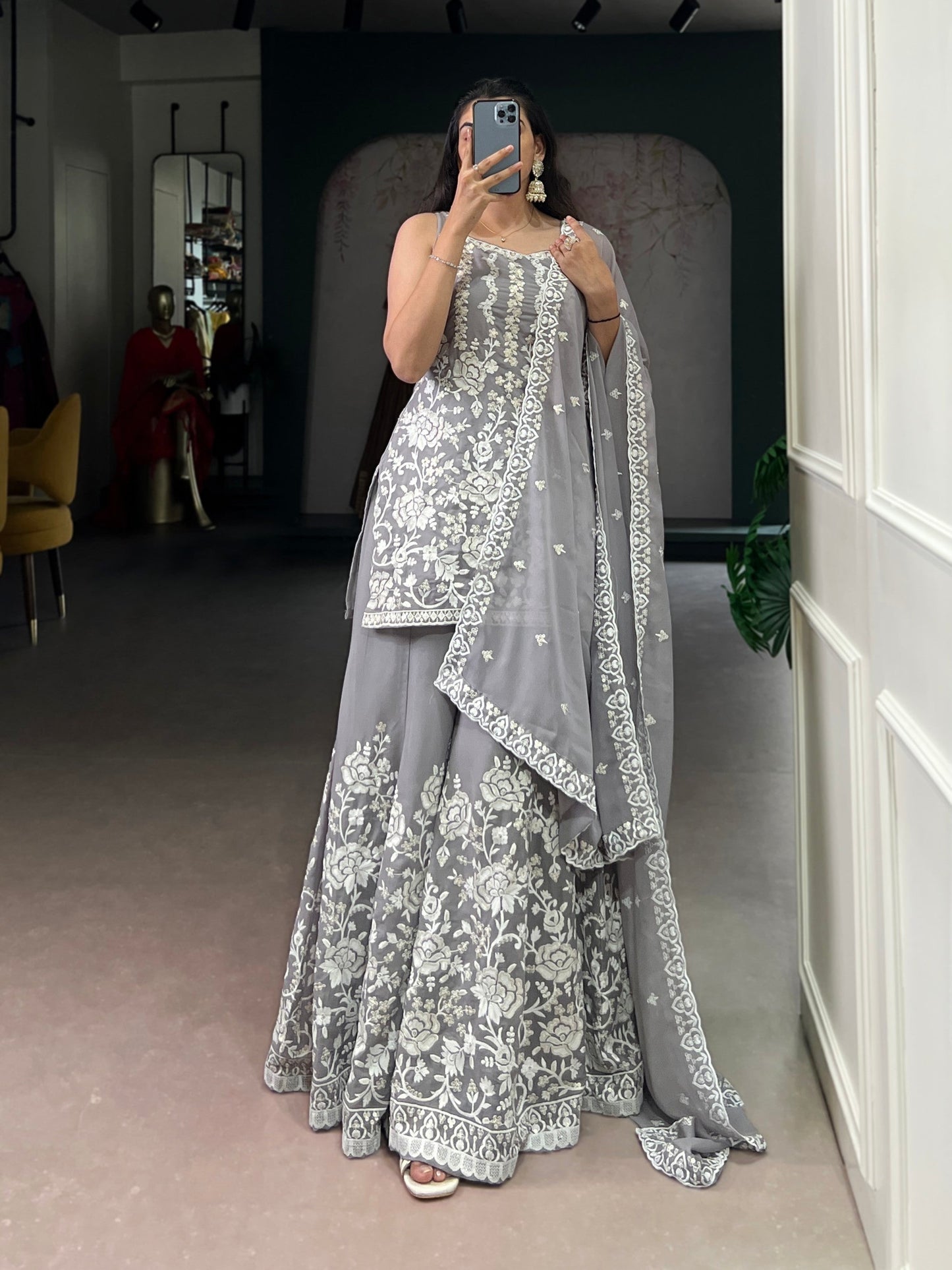 Lorenvalley Fashion Star Georgette Sequins and Thread Embroidery Work Kurta Palazzo Set - Swadesiicart