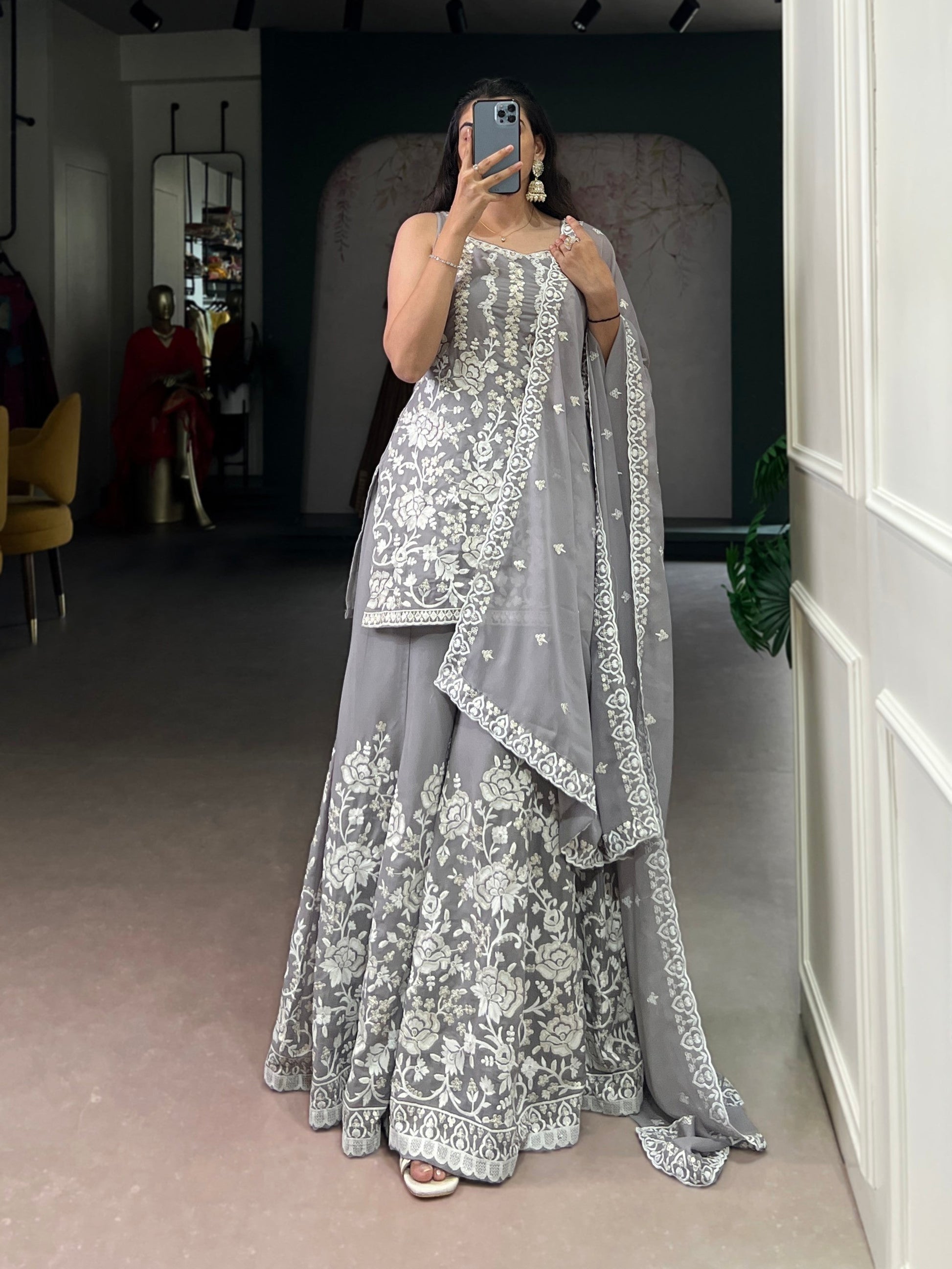Lorenvalley Fashion Star Georgette Sequins and Thread Embroidery Work Kurta Palazzo Set - Swadesiicart