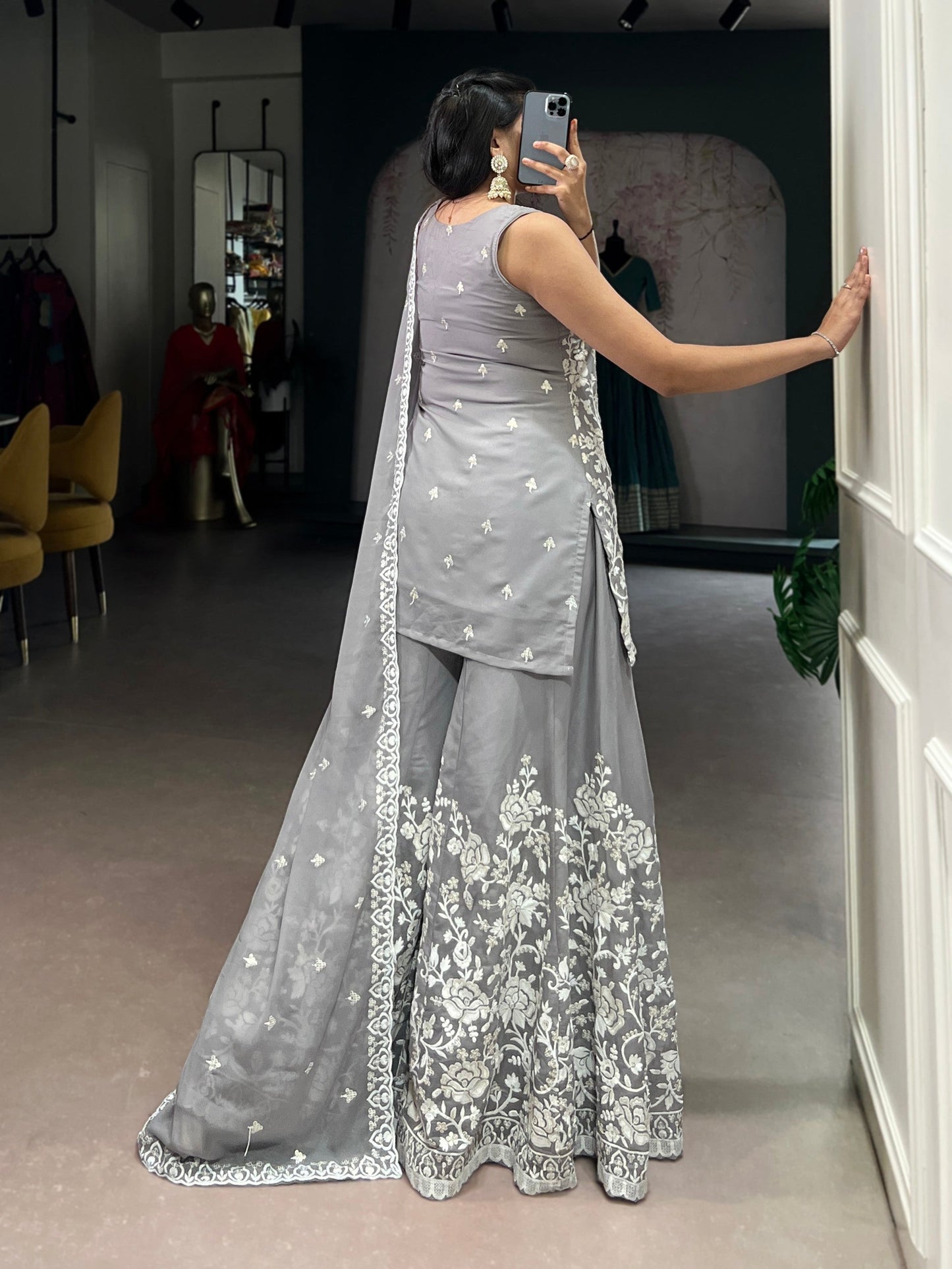 Lorenvalley Fashion Star Georgette Sequins and Thread Embroidery Work Kurta Palazzo Set - Swadesiicart