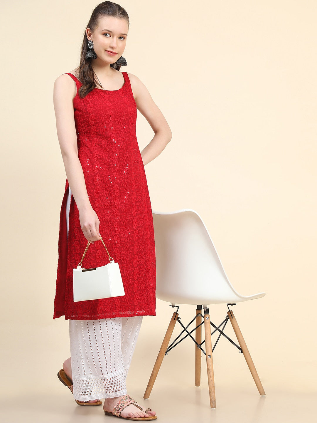 Kalini Paisley Embroidered Sequinned Chikankari Georgette Kurta | Swadesiicart