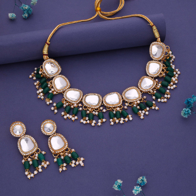 Tehzeeb Creations Gold-Polished Kundan Green Colour Necklace With Earrings - Swadesiicart