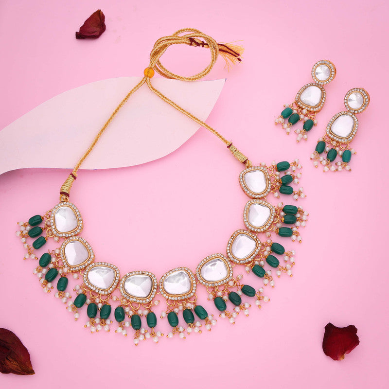 Tehzeeb Creations Gold-Polished Kundan Green Colour Necklace With Earrings - Swadesiicart