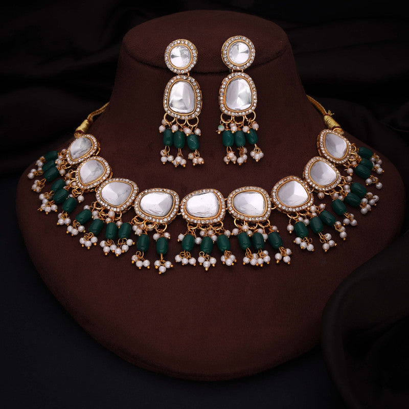 Tehzeeb Creations Gold-Polished Kundan Green Colour Necklace With Earrings - Swadesiicart
