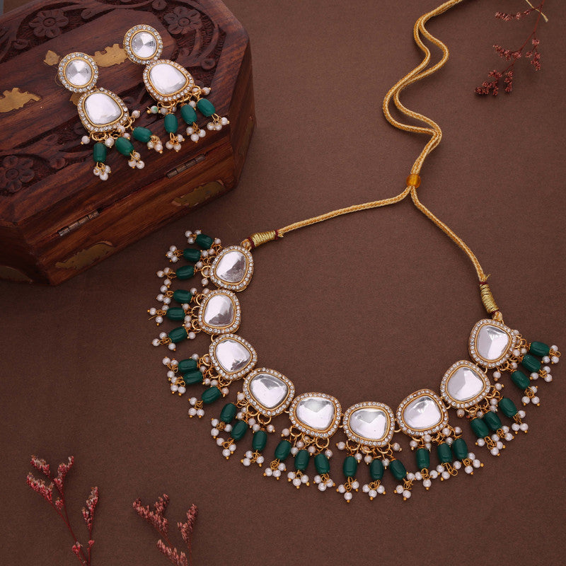 Tehzeeb Creations Gold-Polished Kundan Green Colour Necklace With Earrings - Swadesiicart