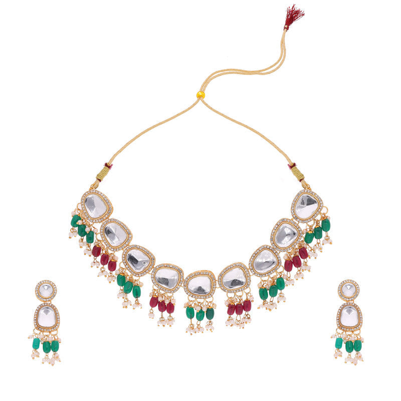 Tehzeeb Creations Gold-Polished Kundan Green & Maroon Colour Necklace With Earrings - Swadesiicart