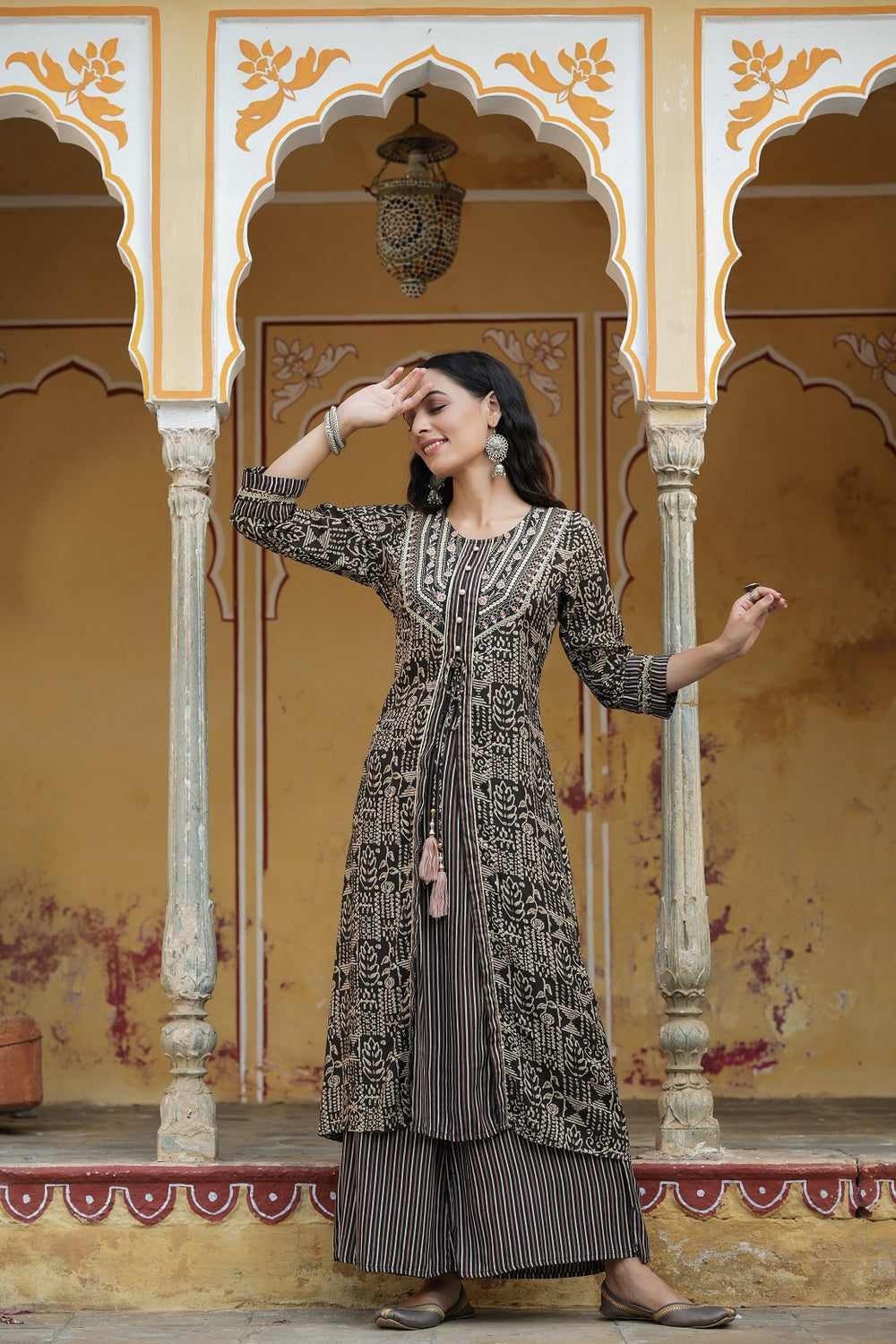 Juniper Women`s Black Rayon Staple Embroidered & Printed A-Line Kurta Sets | Swadesiicart