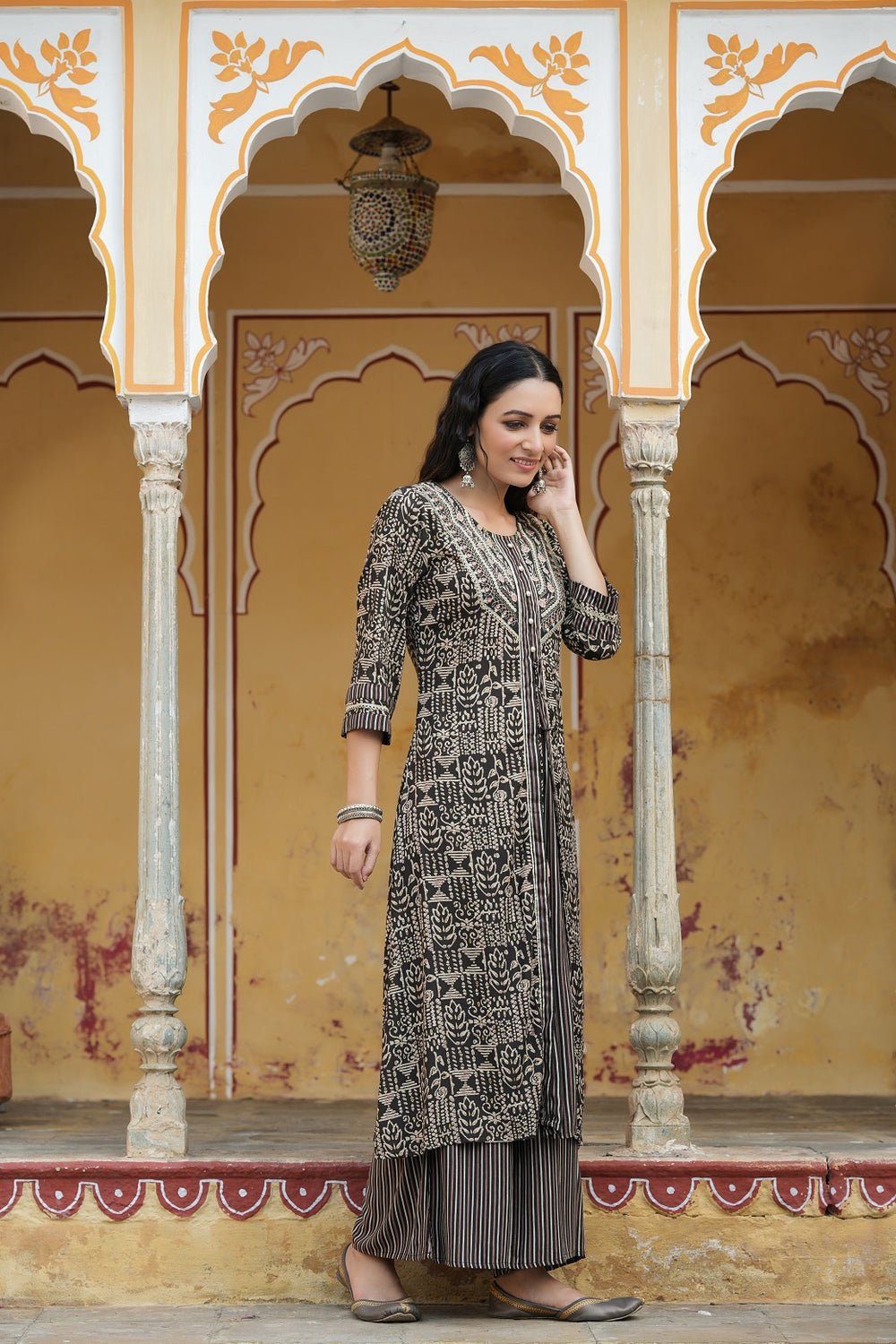 Juniper Women`s Black Rayon Staple Embroidered & Printed A-Line Kurta Sets | Swadesiicart
