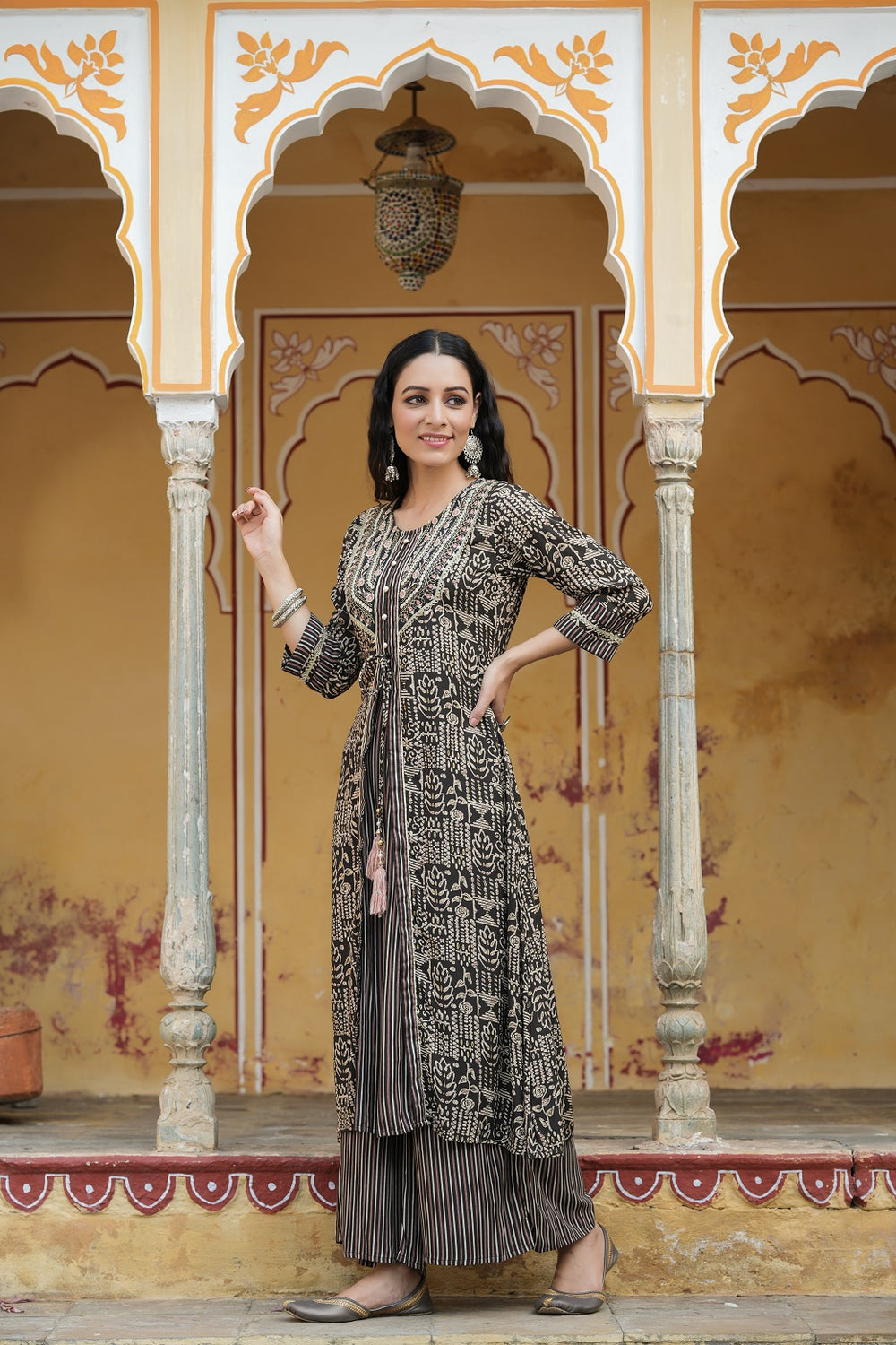 Juniper Women`s Black Rayon Staple Embroidered & Printed A-Line Kurta Sets | Swadesiicart