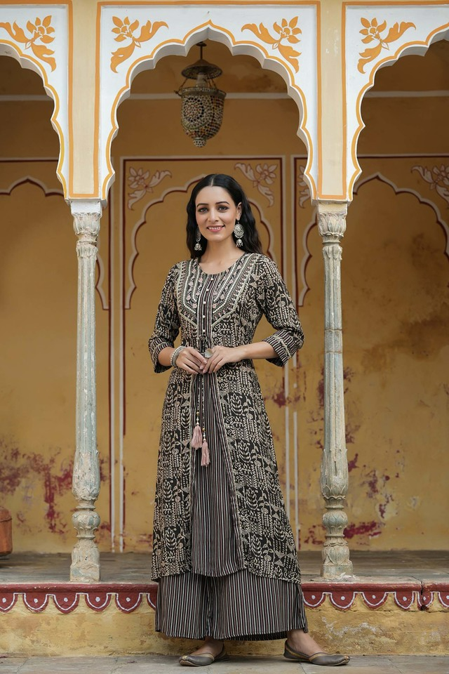Juniper Women`s Black Rayon Staple Embroidered & Printed A-Line Kurta Sets | Swadesiicart